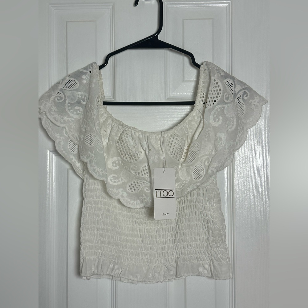 Cream Smocked Ruffled Sleeveless Blouse